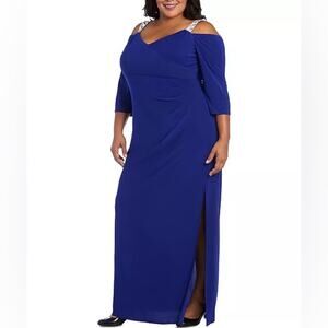 R & M Richards Plus Size Embellished Cold-Shoulder Gown Electric Blue Sz 22W